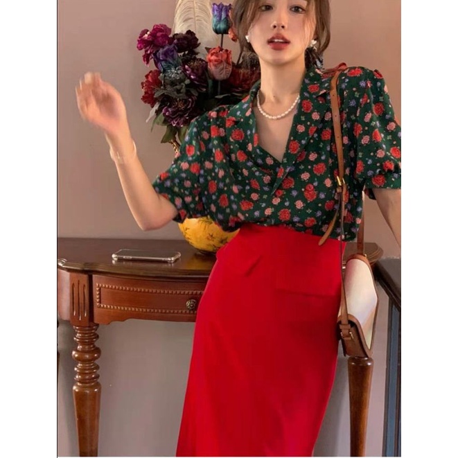 Set áo kiểu tay ngắn phồng cổ chữ V chiffon và chân váy phong cách Hong Kong thời trang mùa hè mới cho nữ (Có bán lẻ)