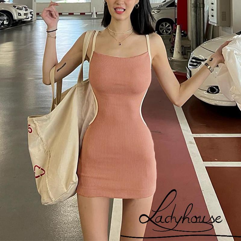 Đầm Hai Dây Hở Lưng Ôm Dáng Màu Tương Phản Cho Nữ