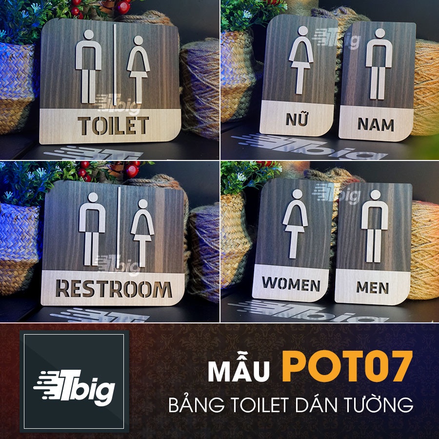 Bảng gỗ nhà vệ sinh sét 4 mẫu toilet - restroom - women men - nam nữ loại dán tường bằng keo 2 mặt