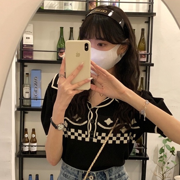 Áo thun polo ZHELIHANGFEI dệt kim tay phồng ngắn phong cách vintage dễ thương