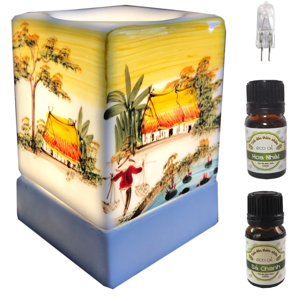 Đèn xông tinh dầu gốm vuông VGOM12 và 2 chai tinh dầu Song An Eco oil 5ml