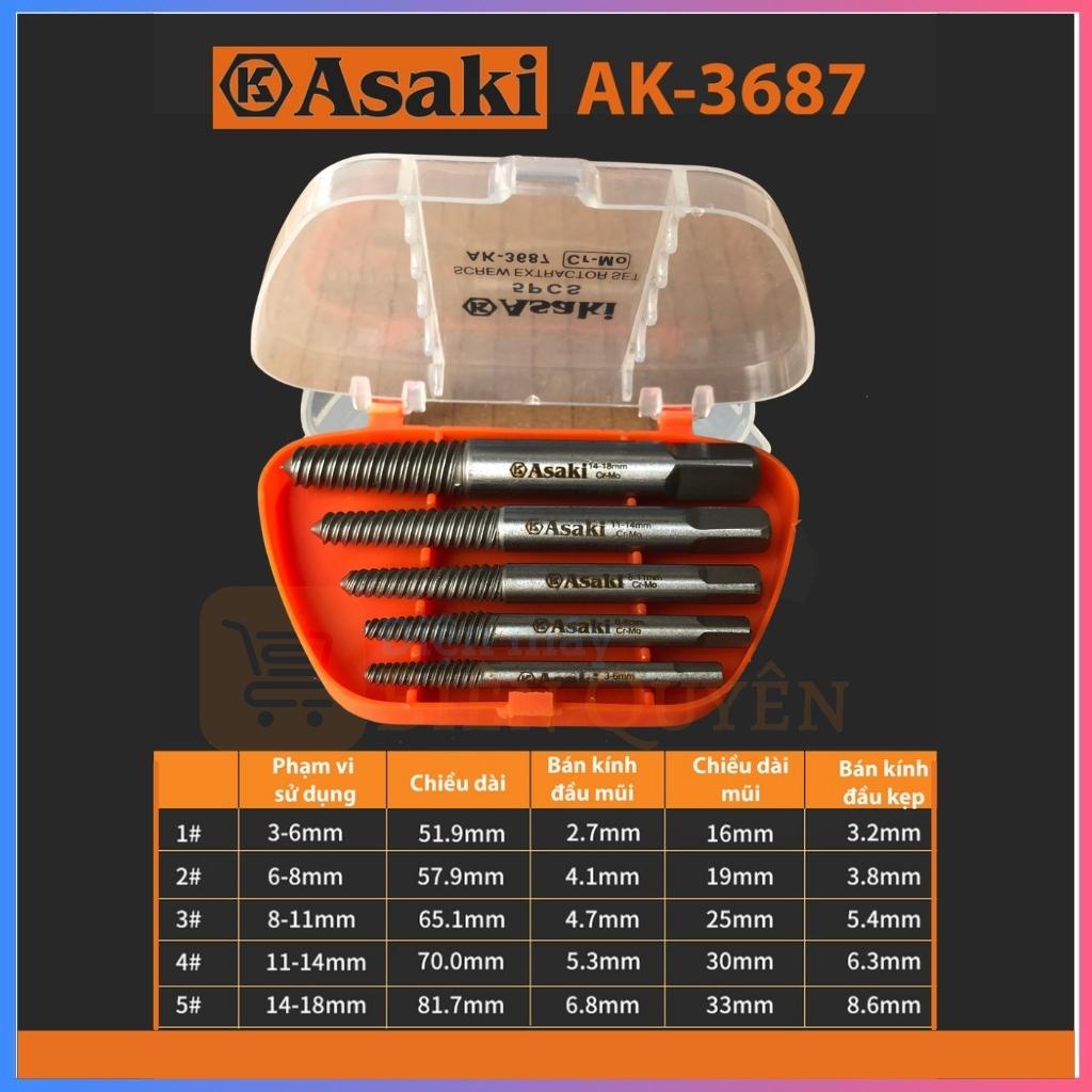 Bộ mũi ren tháo bu lông, ốc vít gãy chính hãng ASAKI AK-3687 (Bộ lấy ốc gãy 5 chi tiết JAPAN)
