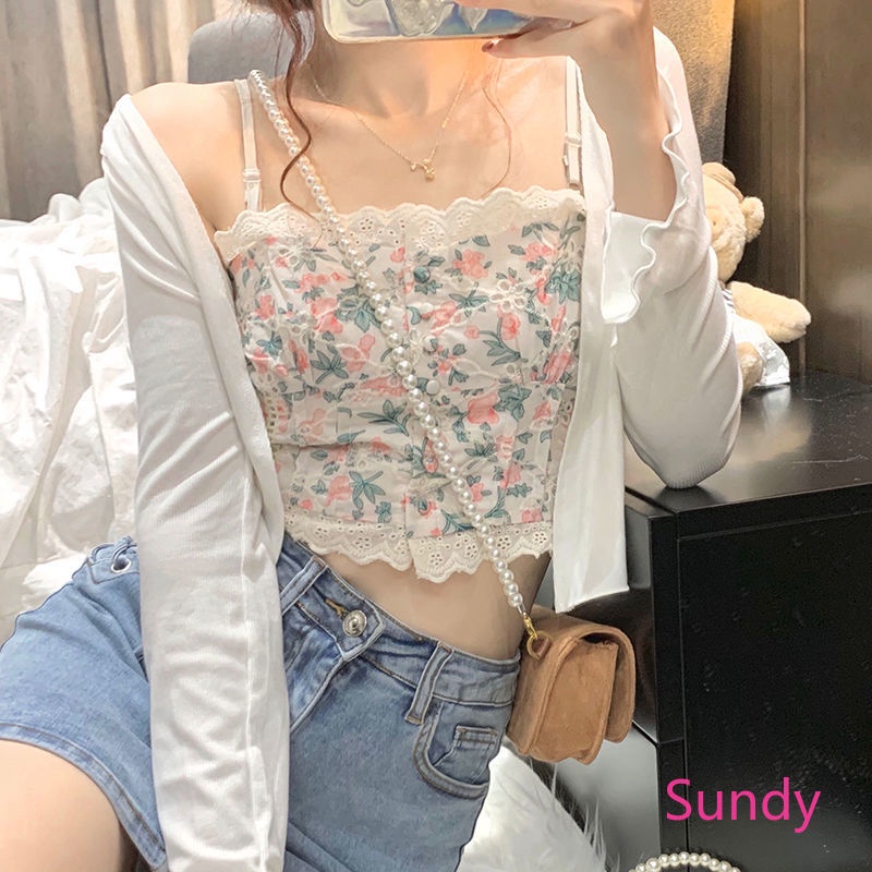 Set áo cardigan + áo hai dây phối ren hoa thời trang mùa hè cho nữ có bán lẻ