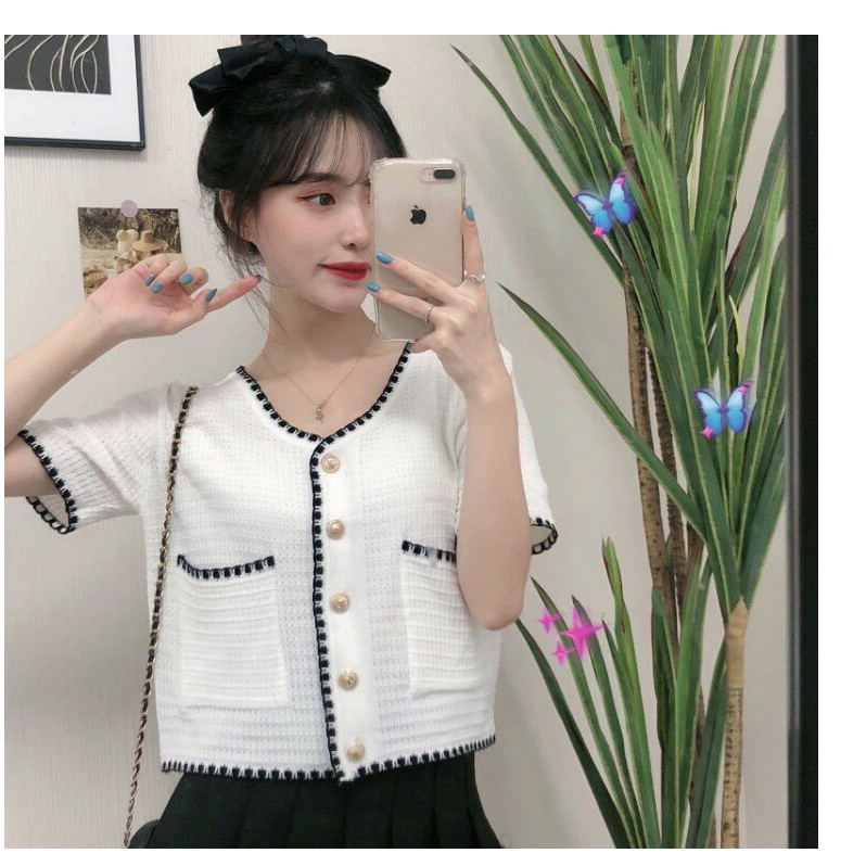 Áo Cardigan Dệt Kim Mỏng, Áo Croptop Cổ Chữ V Lưng Cao Thời Trang Mùa Thu