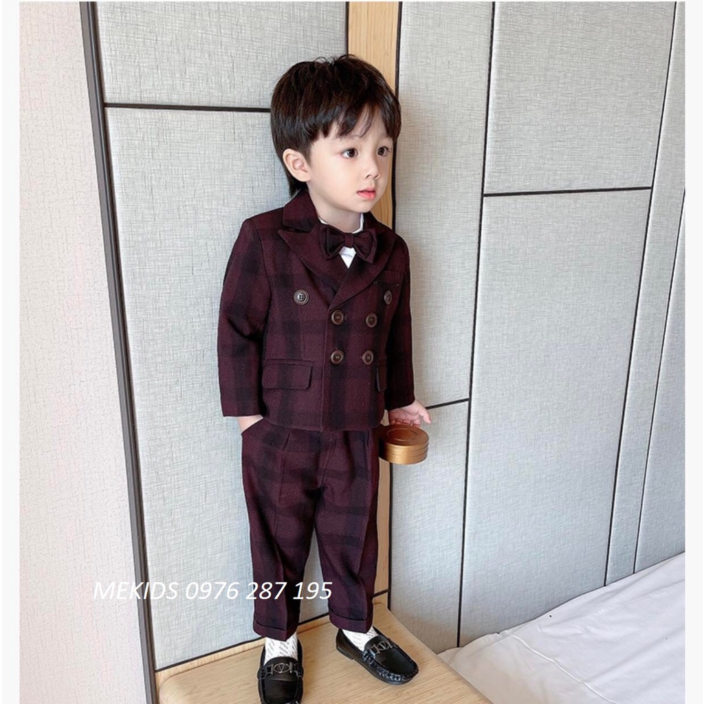 Set vest kẻ đỏ đô cho bé trai cao cấp size 90-130 (1-7 tuổi)-mã BT393