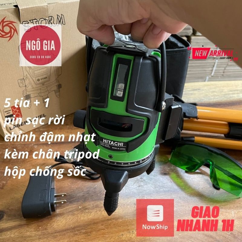 Máy cân mực bằng Laser 5 tia gồm 4 tia dọc 1 tia ngang vuông góc (mẫu mới pin rời, túi chống sốc, chân tripod 1m)