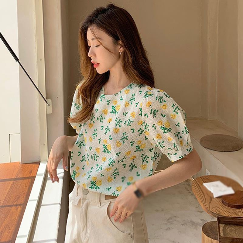 Áo Sơ Mi Hoa Tay Phồng Cổ Tròn Trong Suốt Phong Cách Hàn Quốc Thời Trang Mùa Hè Cho Nữ