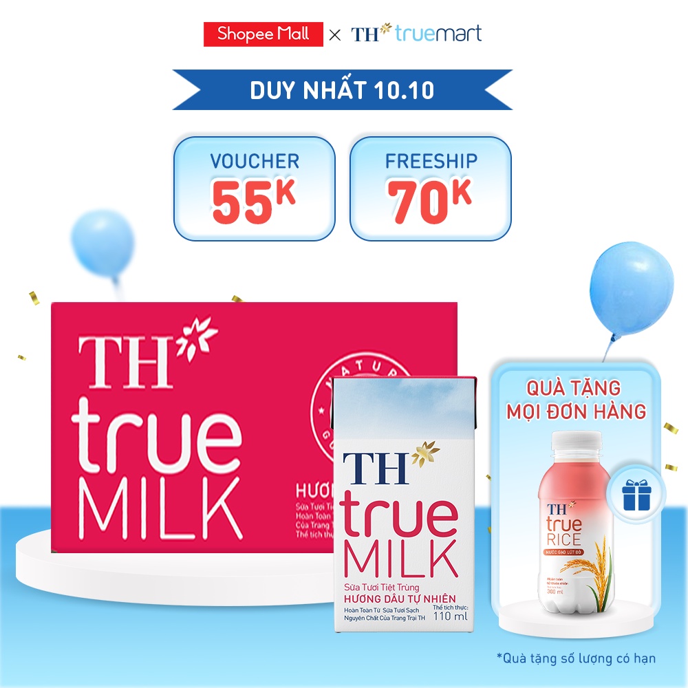 Thùng 48 hộp sữa tươi tiệt trùng hương dâu TH True Milk 110ml (110ml x 48)