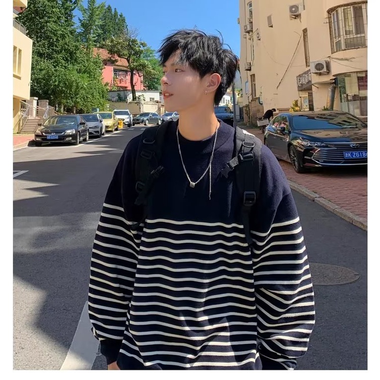 Áo Sweater Dáng Rộng Cổ Tròn Kẻ Sọc Màu Tương Phản Thời Trang Cho Nam Giới Có Size Lớn 8XL