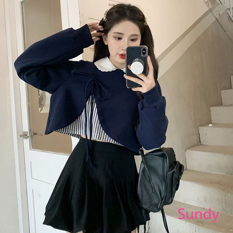 Set Áo Thun Dài Tay Cổ Bẻ + Áo Len Cộc Tay Cổ Bẻ Thời Trang Nữ