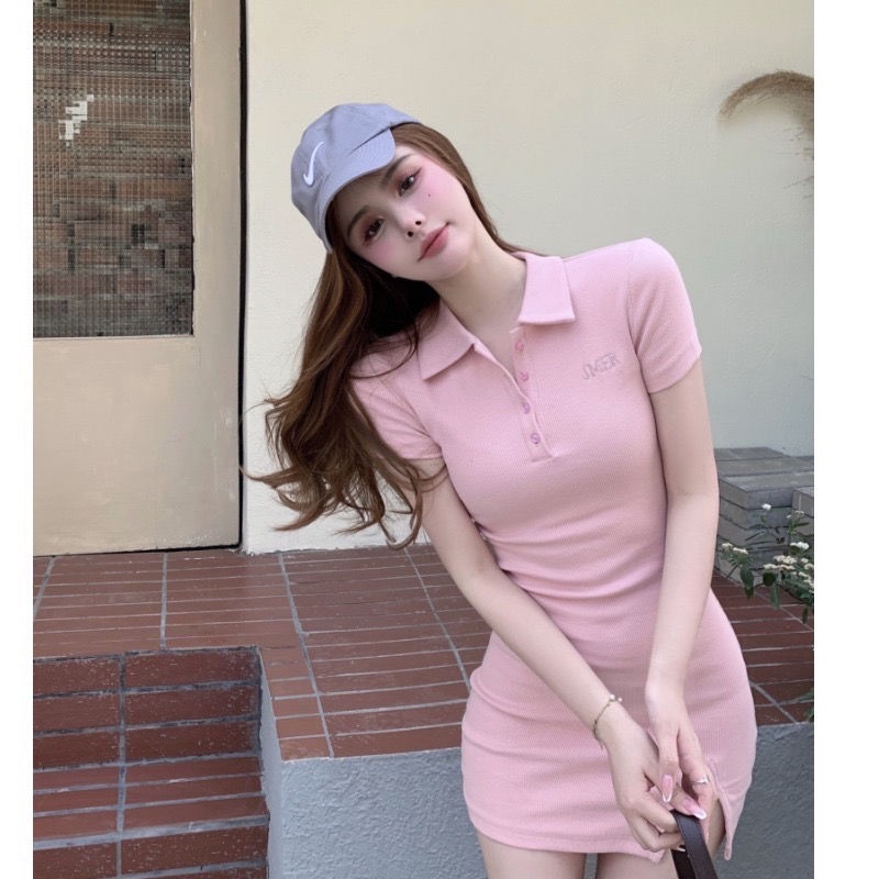 COZOK Đầm Tay Ngắn Cổ Bẻ Xẻ Tà Thời Trang Dễ Phối Đồ Cho Nữ