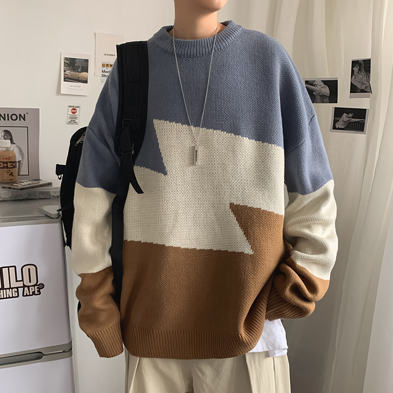 High autumn winter sweater men's and women's Korean versatile crew neck loose and thickened sweater ins Hong Kong fashion color matching T-shirt | BigBuy360 - bigbuy360.vn