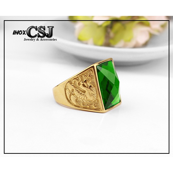 NHẪN NAM INOX MẠ VÀNG ĐÁ XANH LÁ CHẠM RỒNG siêu đẹp - tặng hộp đựng xinh xắn