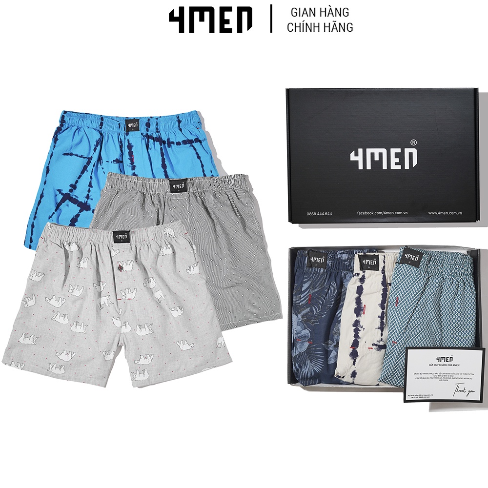 Quần short đùi nam mặc nhà 4MEN họa tiết đẹp, lưng thun, form rộng ngắn trên gối, vải cotton thoáng mát, thoải mái