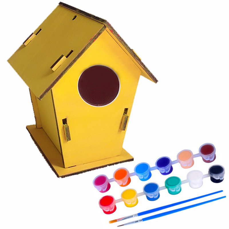(Combo 4 mô hình nhà và 12 màu kèm 1 cọ vẽ) Đồ chơi Mô hình Lắp ráp và tô màu nhà gỗ
