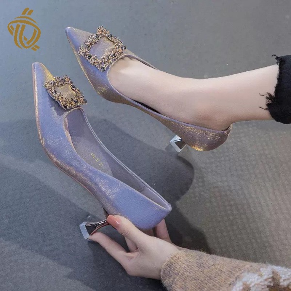 Giày Cao Gót 5cm Mũi Nhọn Bằng Satin Phong Cách Mùa Thu Mới 2021