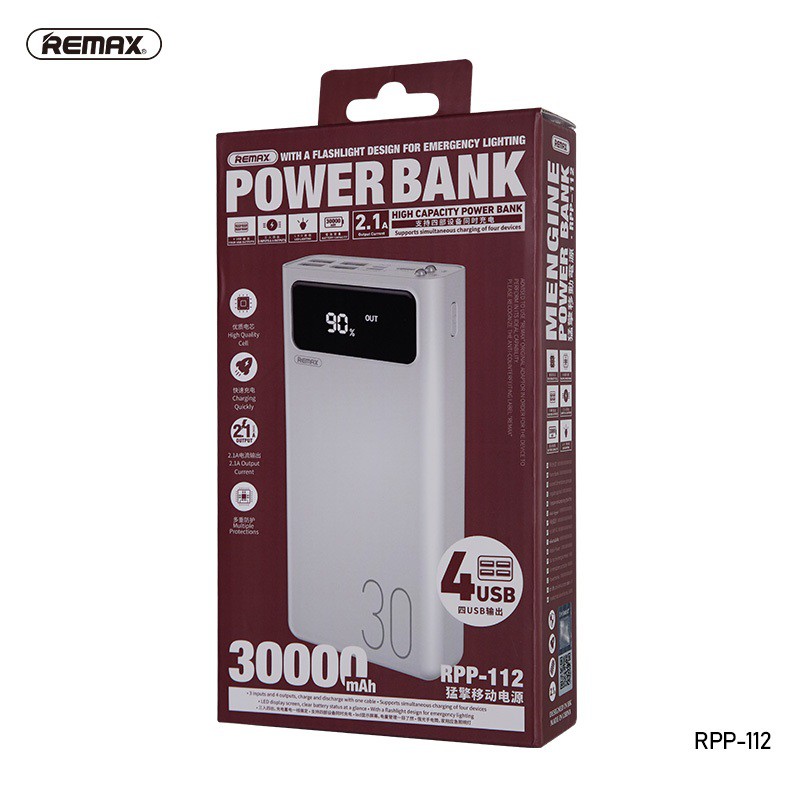 Pin sạc dự phòng Remax RPP-112 30000mAh, lõi Li-polymer, 3 cổng input, 4 cổng output (Trắng) - Hãng phân phối