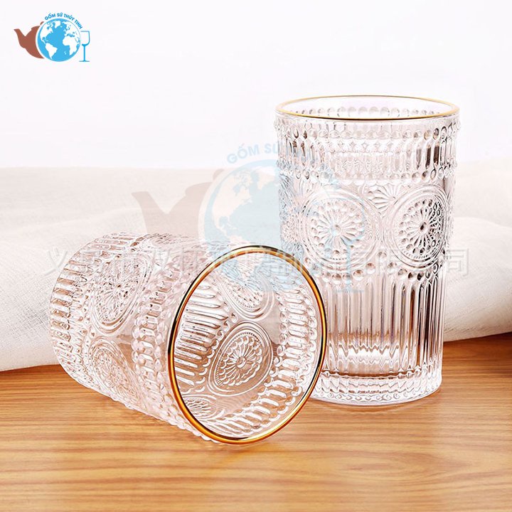 Ly thuỷ tinh cao VIỀN VÀNG 350ML Deli Vintage Glass , cốc thủy tinh Mặt trời loại lớn theo phong cách Châu Âu