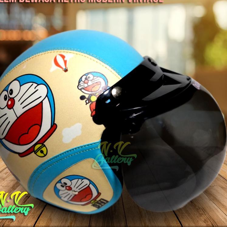 Mũ Bảo Hiểm Bằng Da Tổng Hợp Màu Xanh Dương In Hình Doraemon Phong Cách Cổ Điển