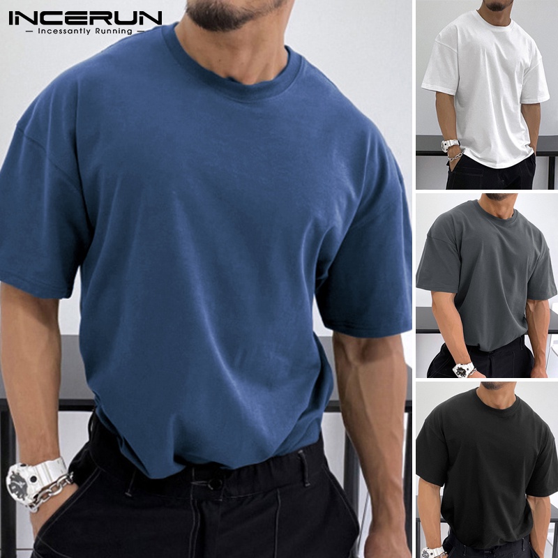 Áo thun INCERUN cổ tròn ngắn tay thiết kế đơn giản 4 màu lựa chọn cho nam