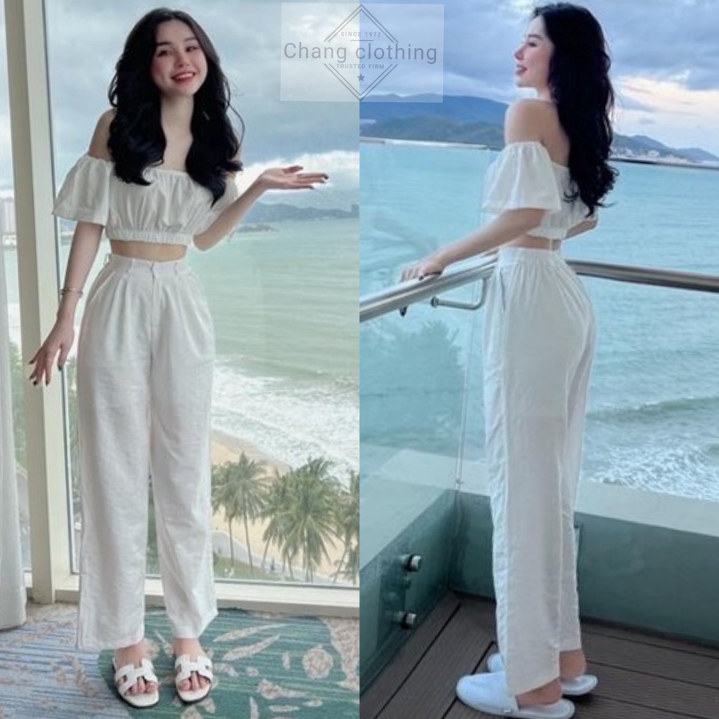 Quần đũi ống rộng nữ dài bigsize kiểu cạp chun lưng thun khóa thật - Quần ống rộng vải đũi trắng đen xước đi biển ở nhà