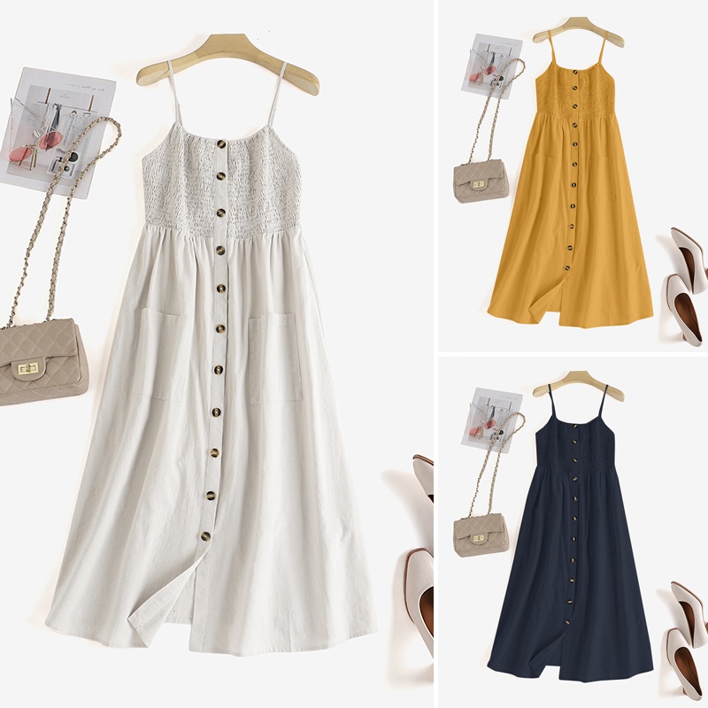Đầm midi ZANZEA hai dây cổ vuông cài nút thời trang dành cho nữ