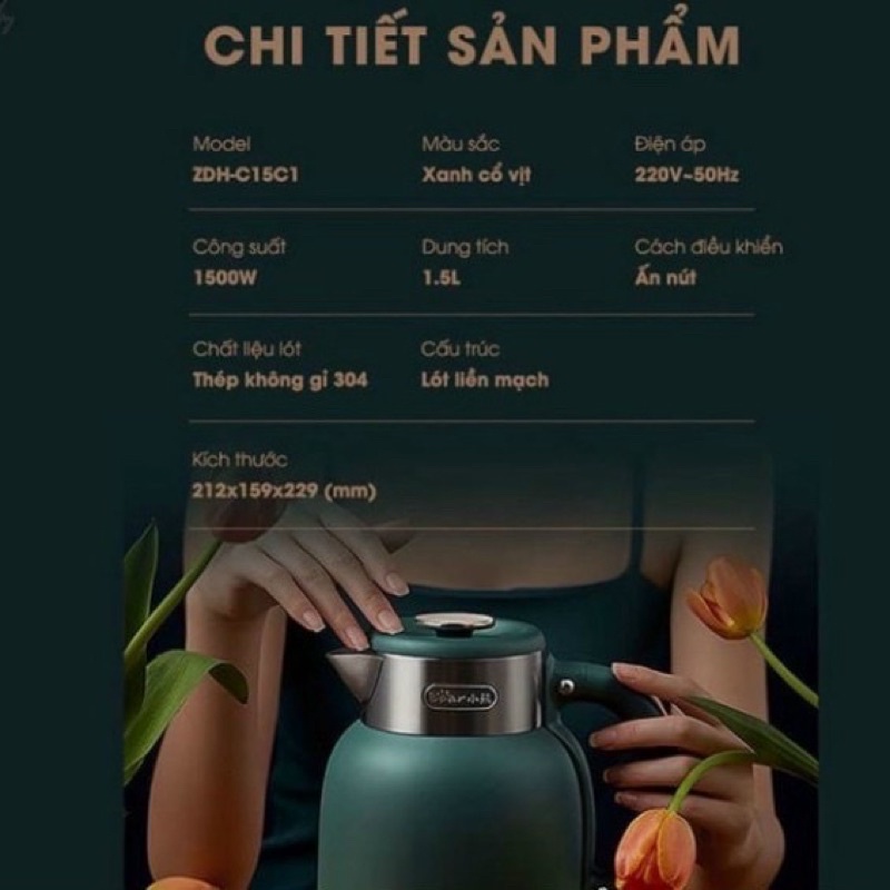 Ấm siêu tốc Bear ZDH-C15C1 sở hữu thiết kế sang trọng, thông minh công suất 1500W