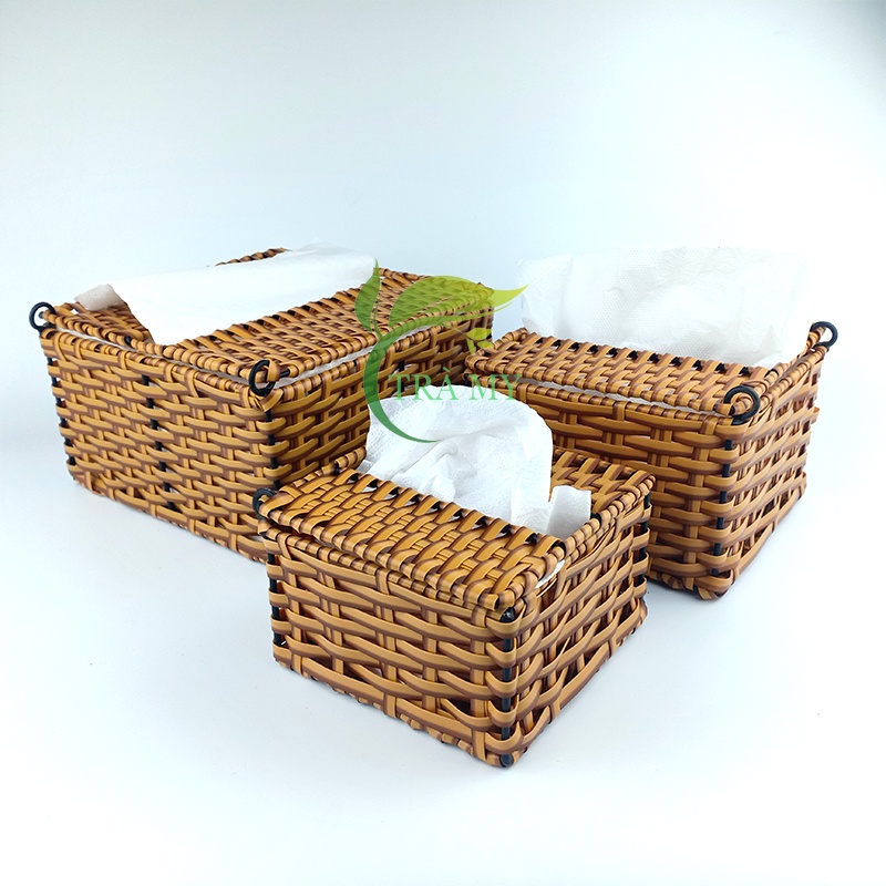 Hộp khăn giấy nhựa giả mây hình vuông, hộp khăn giấy vuông mây hộp đựng giấy ăn khung sắt bền đẹp đựng giấy ăn quán ăn