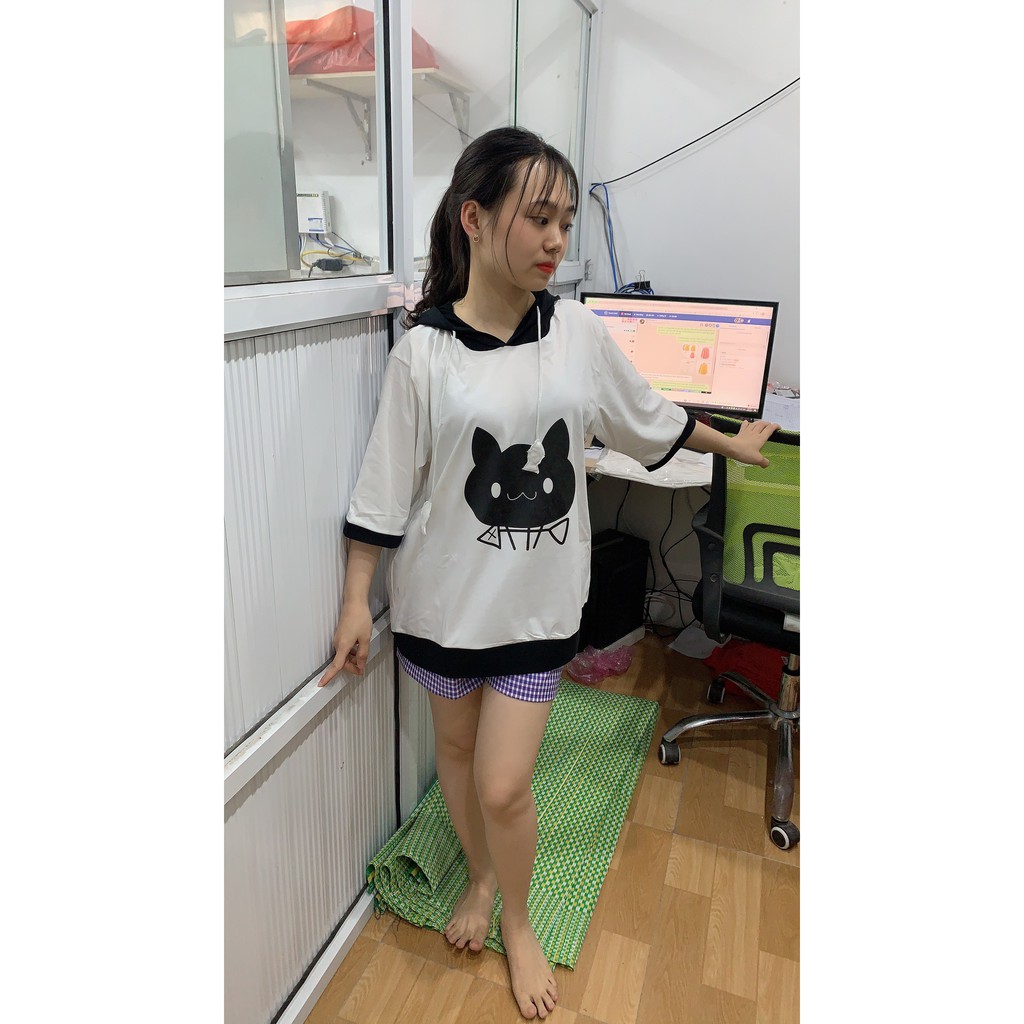 Áo hoodie tay ngắn dáng rộng hàng thiết kế,chất Cotton cực mát 🍒🍒