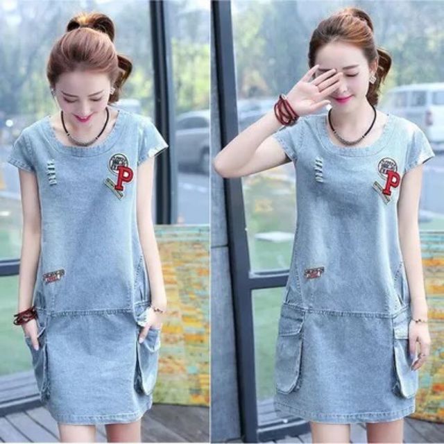 ĐẦM JEAN SUÔNG 2 TÚI ĐẮP CHỮ