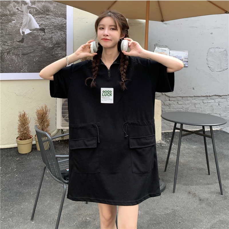 Đầm Perty thiết kế tay ngắn cổ polo có dây rút in chữ thời trang Hàn Quốc cho nữ