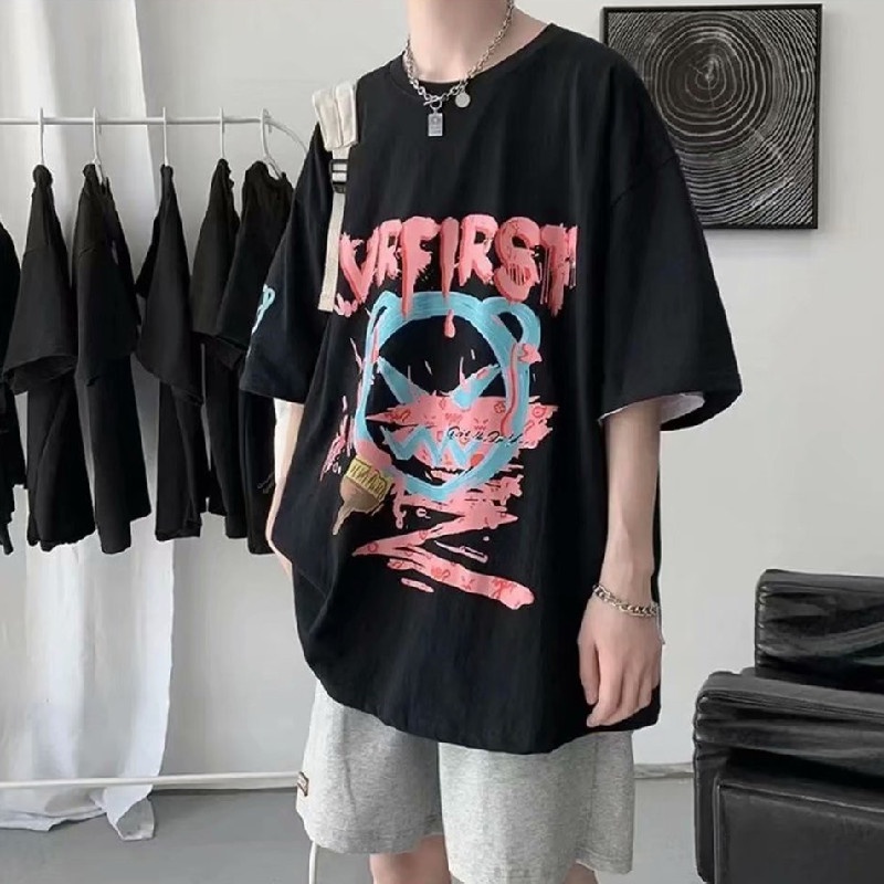 Áo thun tay ngắn cổ tròn dáng rộng in họa tiết Graffiti phong cách đường phố thời trang cho nam size M-5XL