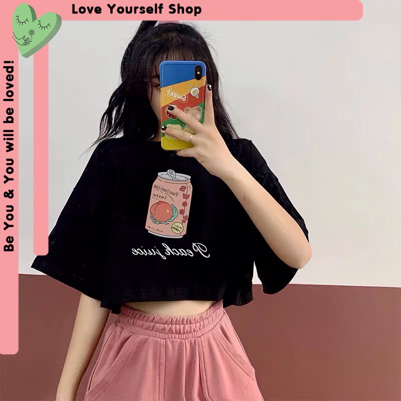 [Có ảnh thật] Áo croptop tay lỡ form rộng in Peach Juice