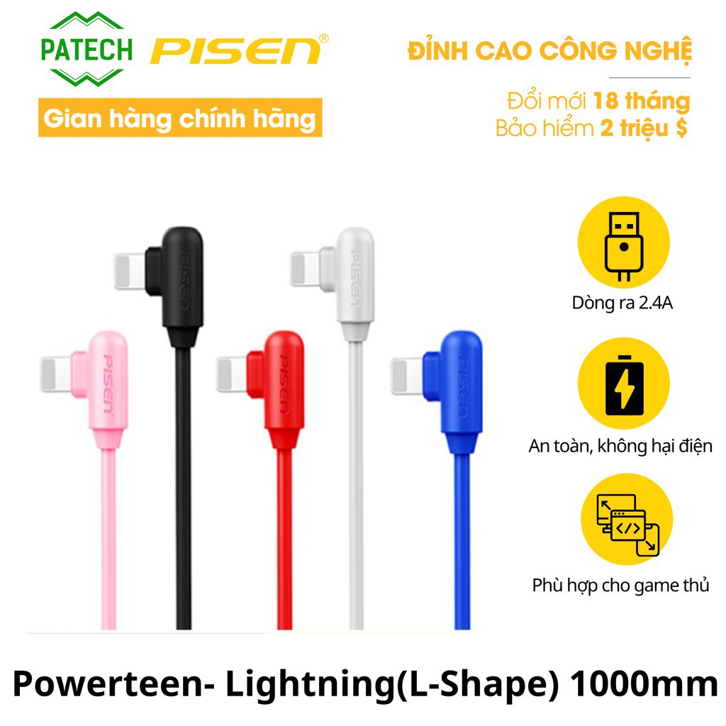 Cáp Pisen Powerteen- Lightning(L-Shape) 1000mm màu ngẫu nhiên - Hàng chính hãng