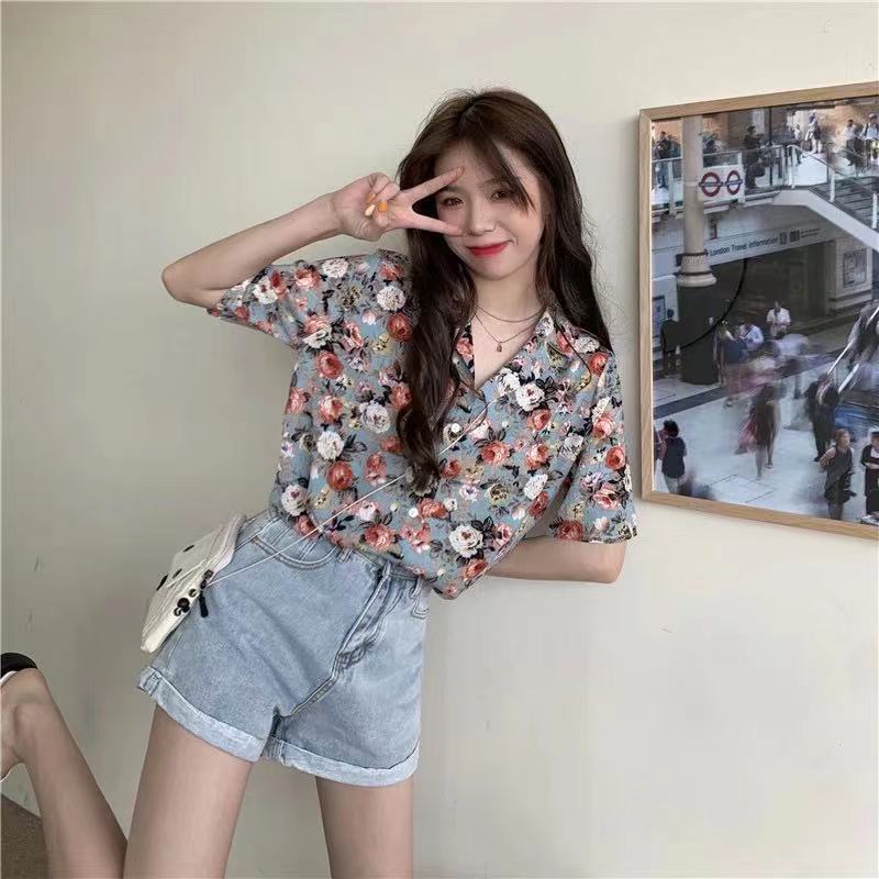 SUXI Áo sơ mi tay ngắn cổ chữ V hoạ tiết hoa thời trang phong cách retro