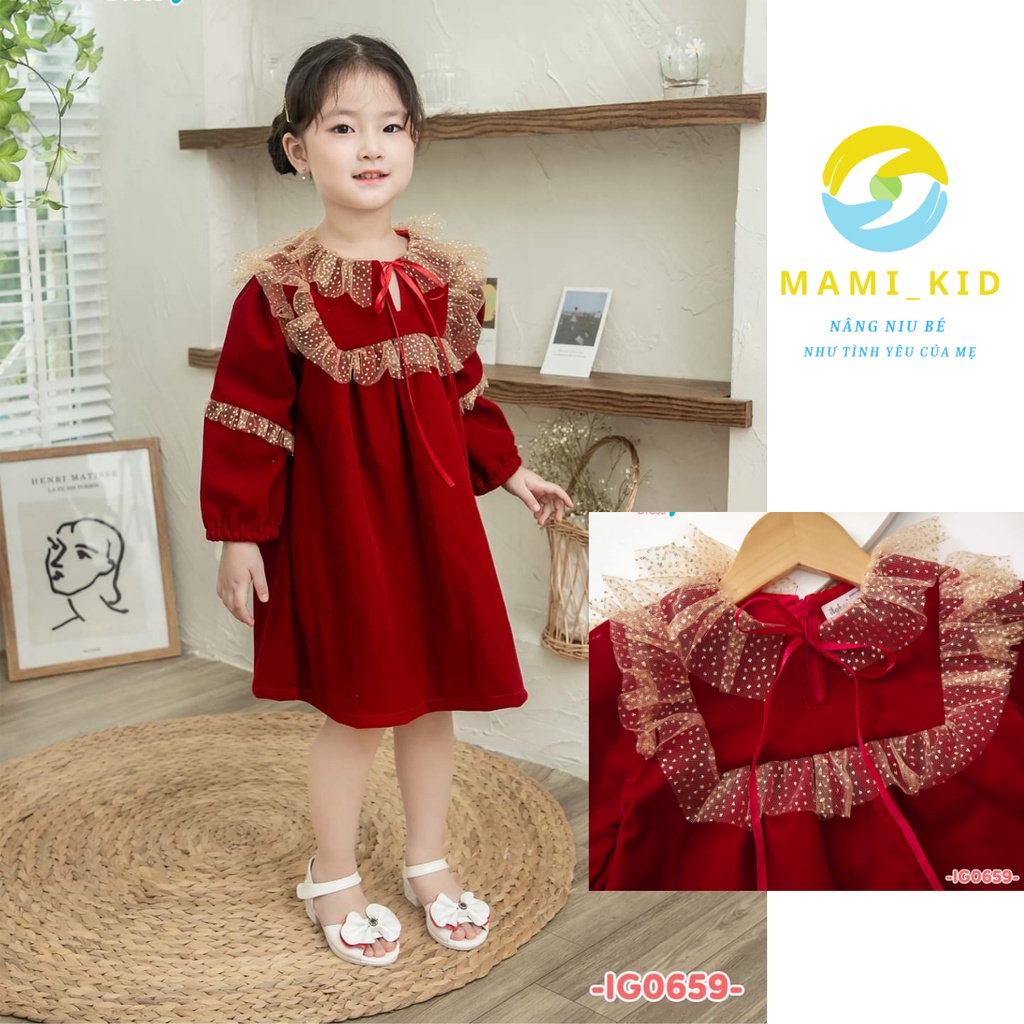 Váy Dự Tiệc Diện Tết, Váy Đỏ Xinh Cho Bé Thu Đông Chất Liệu Nhung siêu đẹp, tôn dáng Shop Mamikid