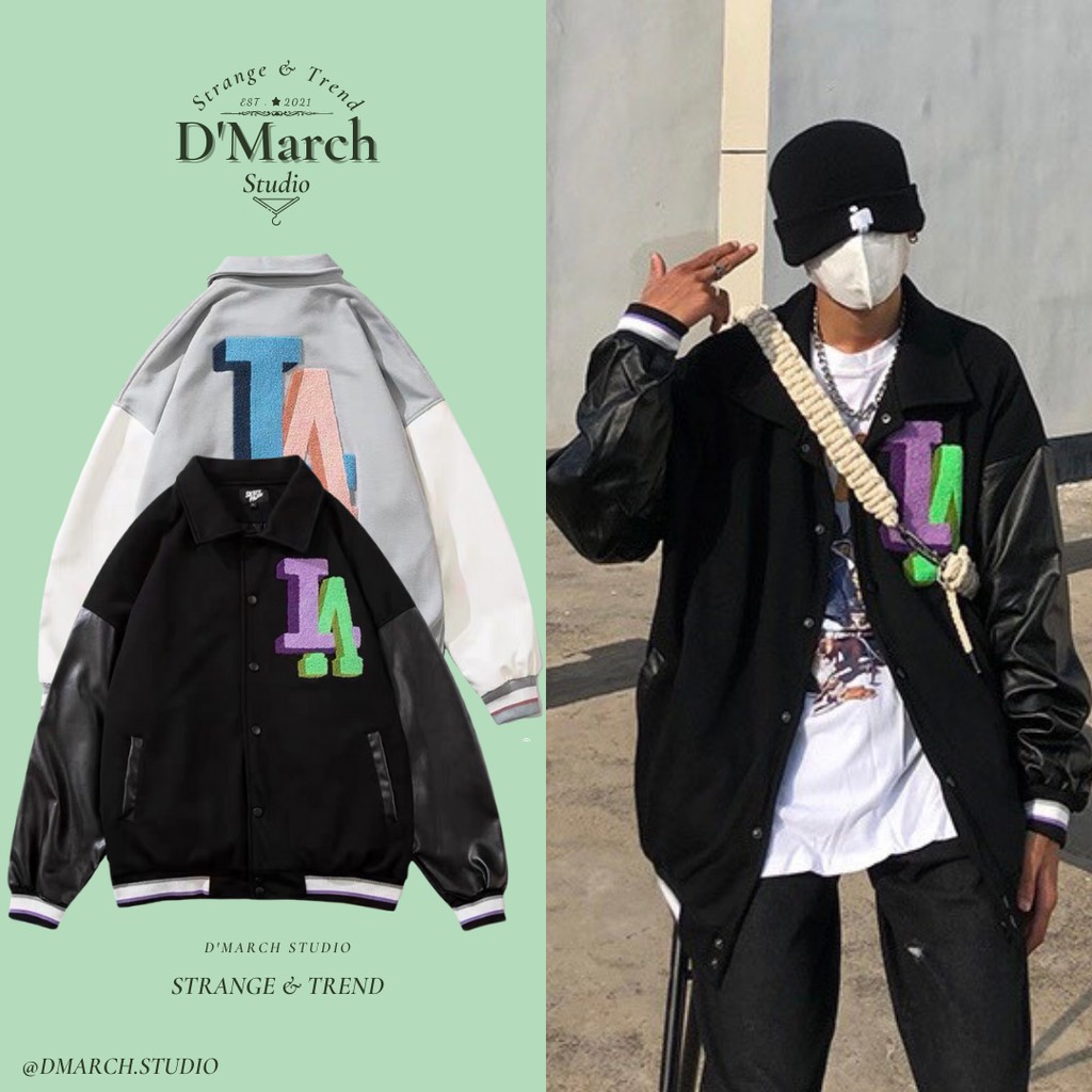 Áo khoác jacket LA unisex D'MARCH áo bomber tay da nam nữ đều mặc được, 2 màu Đen | Xám "hình thật"