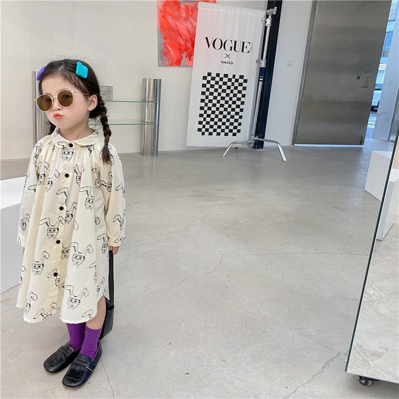 Đầm Sơ Mi Tay Dài In Hình Thỏ Hoạt Hình Phong Cách Hàn Quốc Nhật Bản Dễ Thương Thời Trang Xuân Thu 2022 Cho Bé Gái