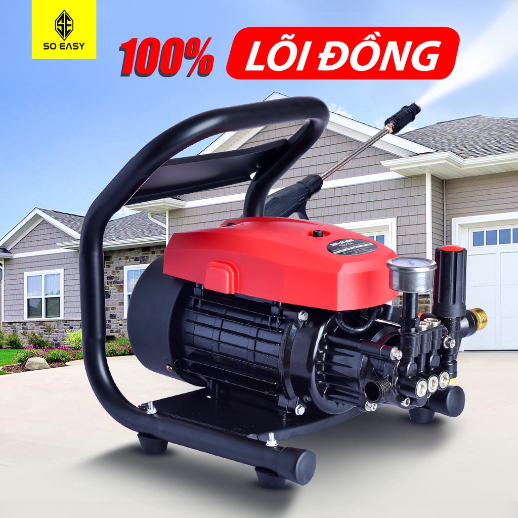 Máy rửa xe lõi toàn đồng áp lực cao gia đình cao áp mini, chỉnh áp, SOEASY 3000W SE005R dây cao áp dài 15m