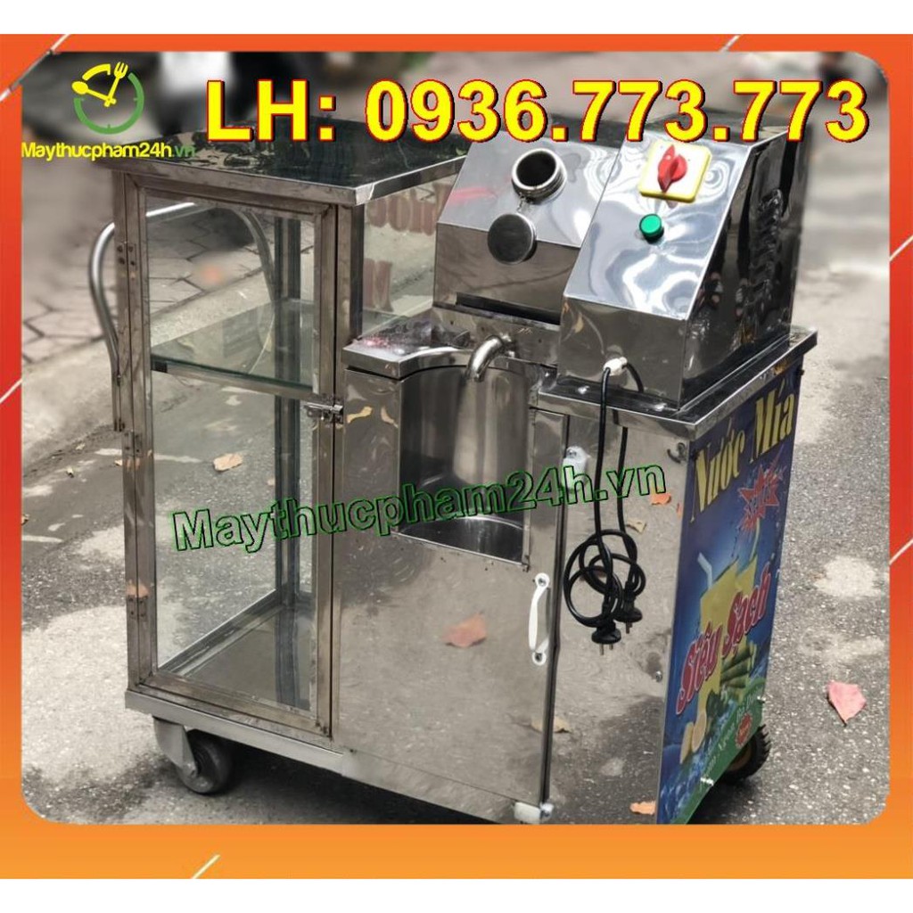 Máy ép mía xe đẩy tay, có khung chắn ép an toàn, inox sạch sẽ có tủ kính