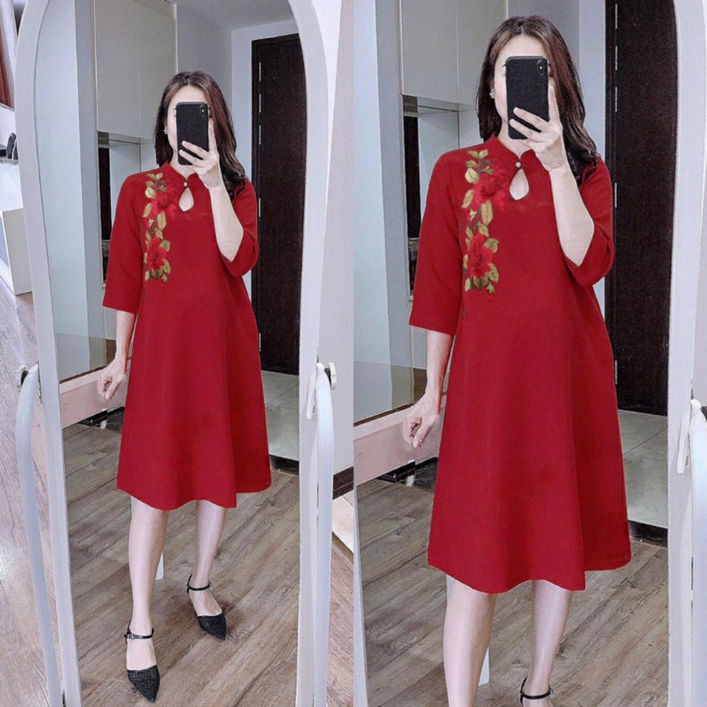 Đầm bầu suông cổ tàu kết hoa