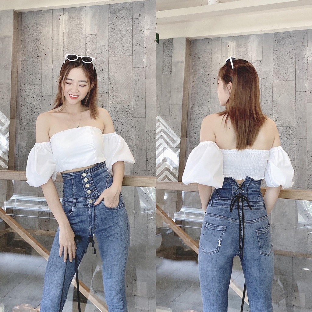 Quần jean nữ lưng cao 5 CÚC TRƯỚC phối CỘT NƠ SAU EO màu xanh chất jean giãn tốt 5cs1-46