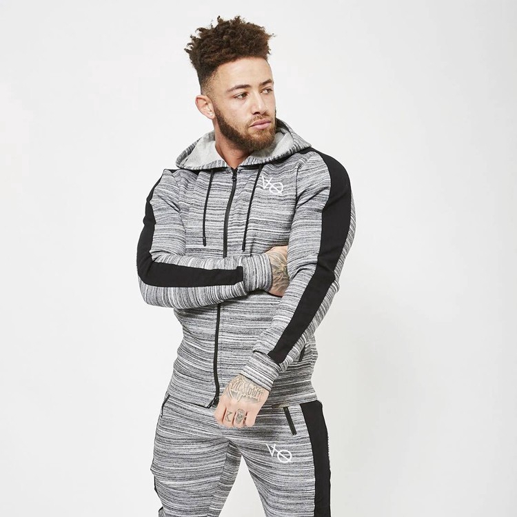 VQ Men's Cotton Striped Long-sleeved Sports Hoodie Fashion Casual Zipper Cardigan