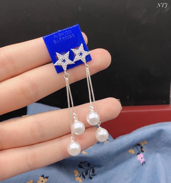 BÔNG TAI HOA SAO MẶT ĐÍNH TRAI DÁNG DÀI SANG CHẢNH - BOING TAI NỮ BẠC TA