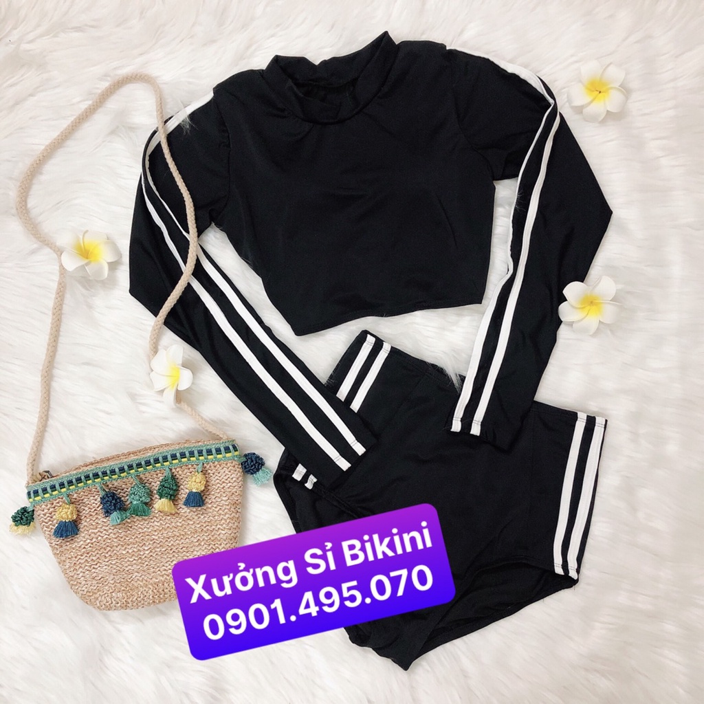 [BIKINI TAY DÀI LƯNG CAO] Đồ bơi 2 mảnh tay dài màu đen chạy sọc trắng mix quần cao che bụng kín đáo