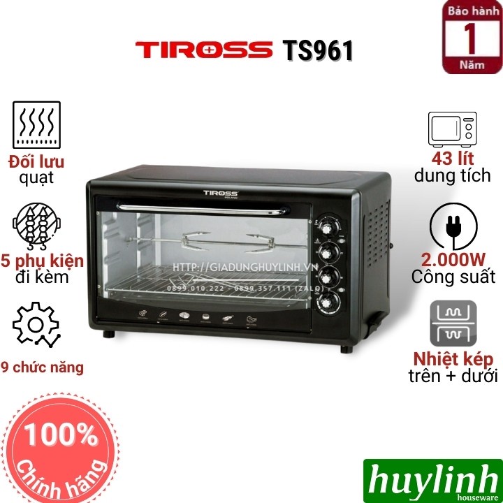 [Mã ELHAMS5 giảm 6% đơn 300K] Lò nướng đối lưu Tiross TS962 - 43 lít - 9 chức năng