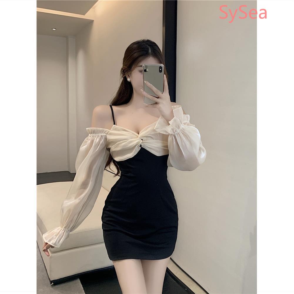 Đầm Chiffon Dài Tay Trễ Vai Ôm Dáng Phong Cách Pháp Dành Cho Nữ