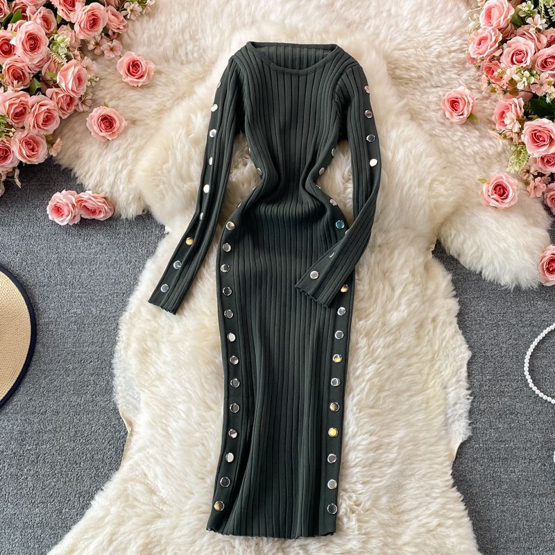 Đầm len dài cổ tròn, váy len dệt kim dáng ôm