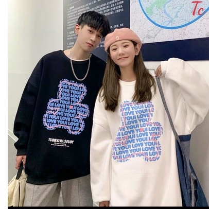 Áo sweater in hình gấu vải nỉ thu đông co dãn, from rộng dài tay
