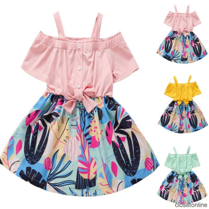 Sale Children Girl Bowknot Print Short Dress Summer Baby Beach Holiday Casual CL